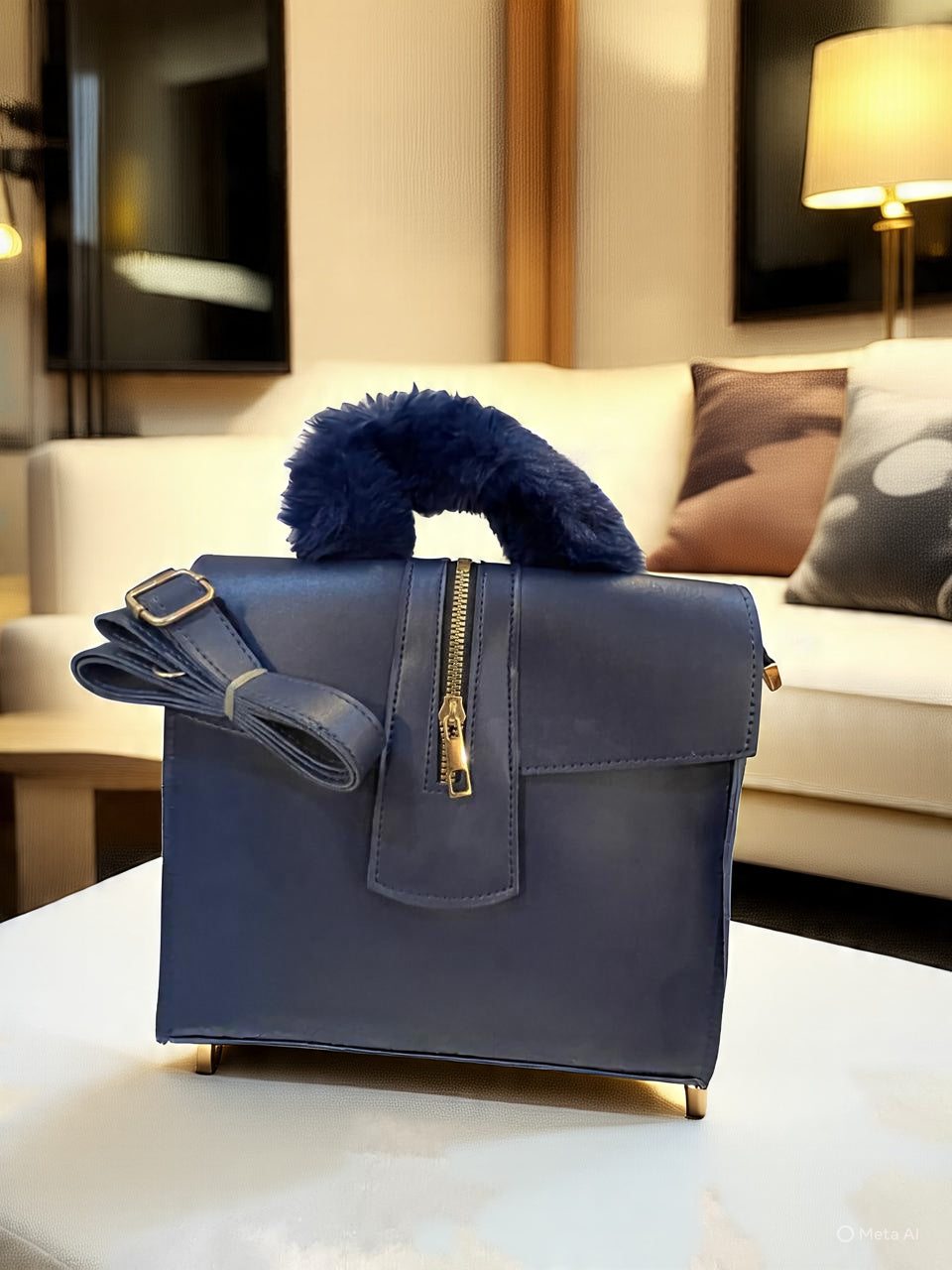 Blue handbag with fur handle on a table in a living room setting