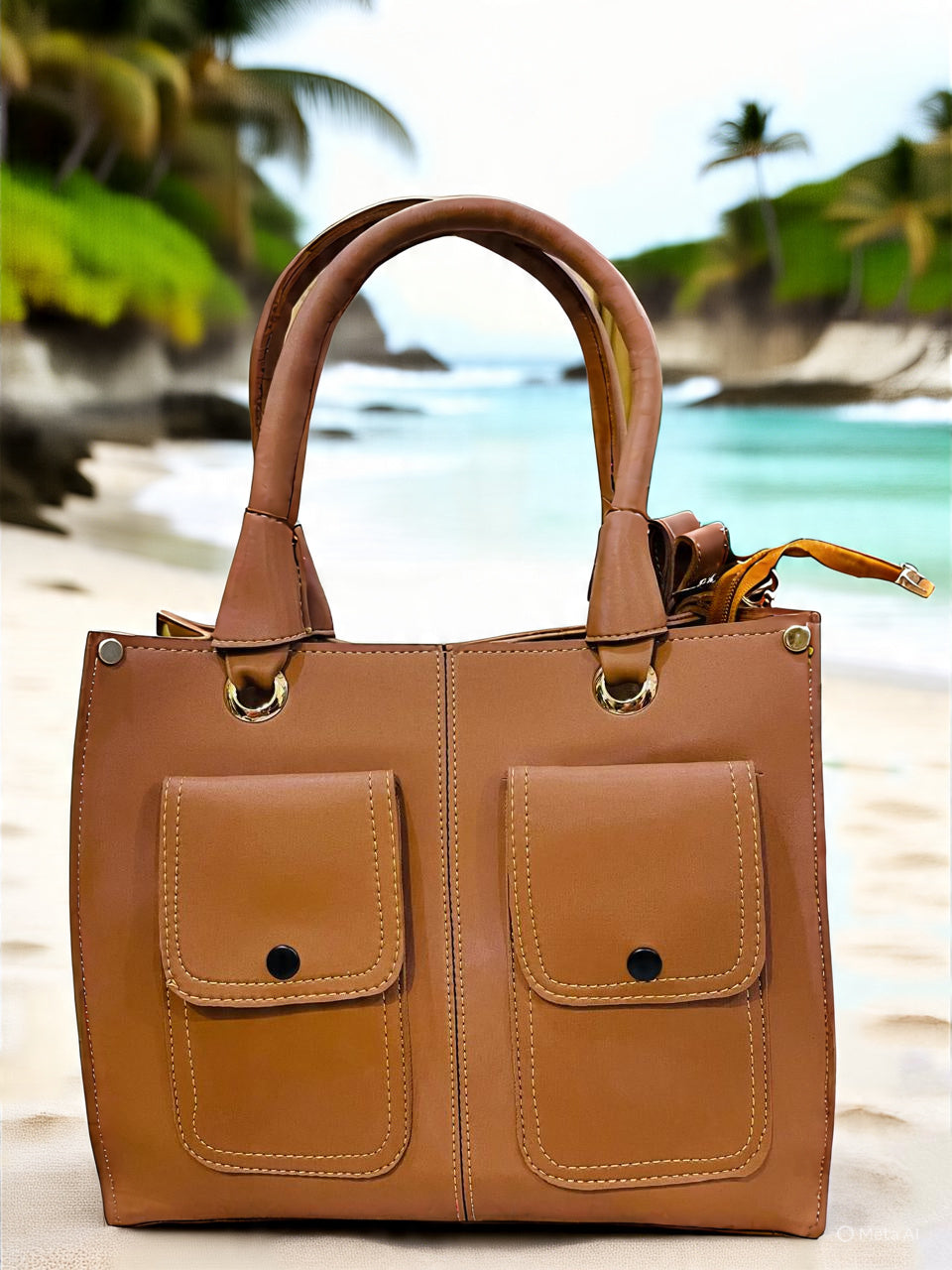 Brown handbag on a beach with palm trees in the background