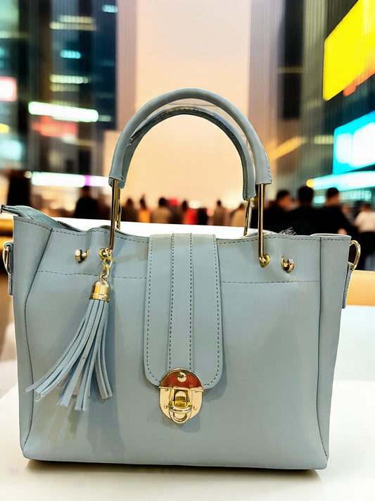 "Luxe Lock 5-in-1  Royal Sky structured tote handbag set from VIBE ELAN, featuring elegant gold hardware, multiple bag sizes, and versatile designs for everyday and formal use."