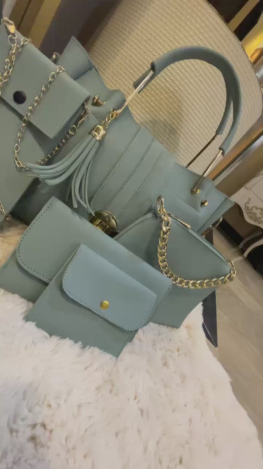 "Luxe Lock 5-in-1  Royal Sky structured tote handbag set from VIBE ELAN, featuring elegant gold hardware, multiple bag sizes, and versatile designs for everyday and formal use."