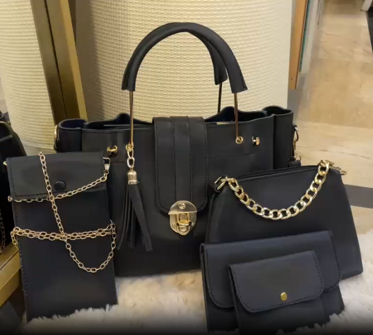 "Luxe Lock 5-in-1 pink structured tote handbag set from VIBE ELAN, featuring elegant gold hardware, multiple bag sizes, and versatile designs for everyday and formal use."
