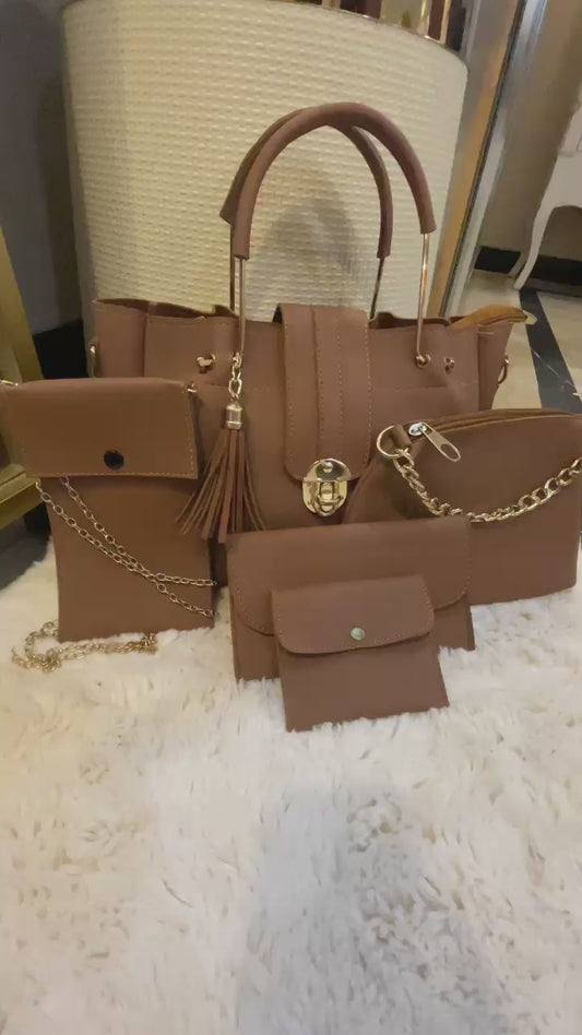"Luxe Lock 5-in-1 Brown and Shade-2 Brown ,structured tote handbag set from VIBE ELAN, featuring elegant gold hardware, multiple bag sizes, and versatile designs for everyday and formal use."